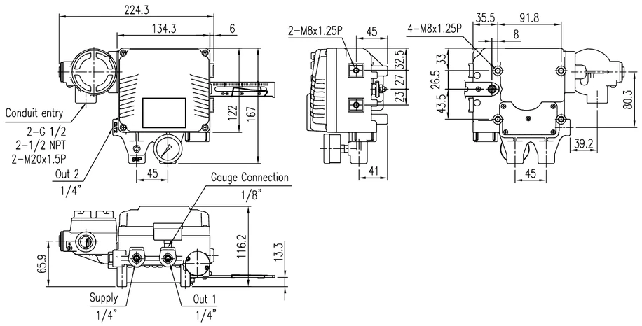 Disegno tecnico di Posizionatore elettropneumatico YT-1000